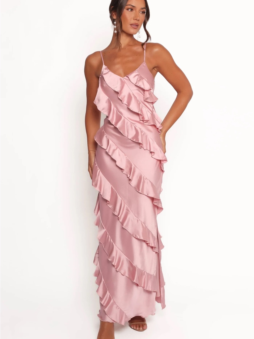 Ciao Ruffles Maxi Satin Dress pink